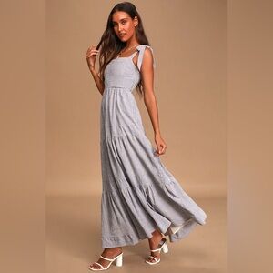 Lulu’s Golden Days Blue Striped Tie-Strap Maxi Dress small tiered sun summer